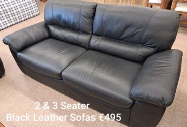 Pair Black Leather Sofas