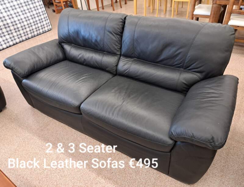 Pair Black Leather Sofas