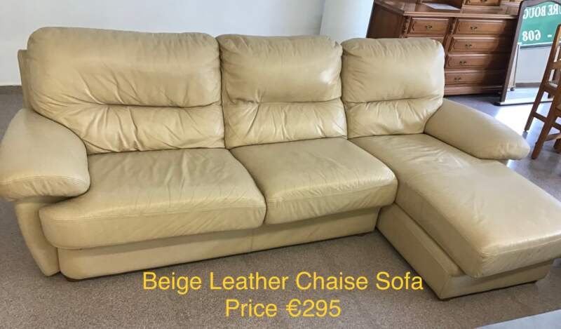 Beige Leather Chaise Sofa