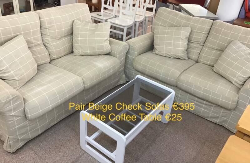 Pair Beige Check Sofas